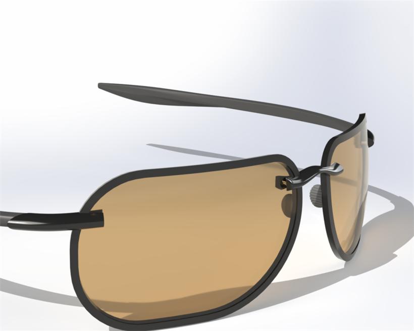 Photorealistic 3D render of a pair of sunglasses with amber lenses